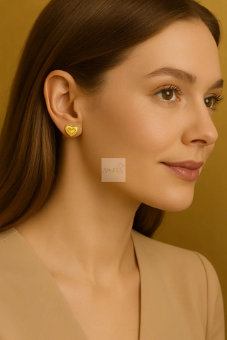 18K Solid Yellow Gold Double Mirror Heart Post Earrings