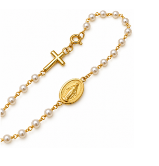 18K Gold Pearl Denarius Bracelet with Inline Medal and Cross, closeview of the medal and cross