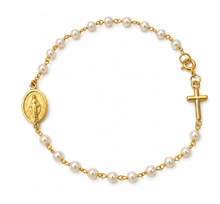 18K Gold Pearl Denarius Bracelet with Inline Medal and Cross