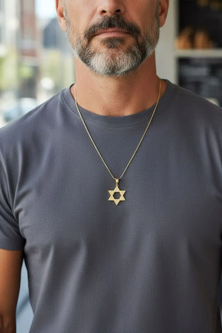 18K Solid Yellow Gold Diamond Star of David Pendant for Men