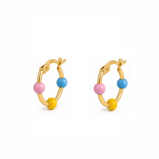 18K Solid Yellow Gold Three-Bead Enamel Hoop Earrings