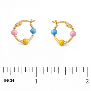 18K Solid Yellow Gold Three-Bead Enamel Hoop Earrings