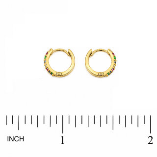 18K Yellow Gold Thin Multicolor Zirconia Huggie Earrings