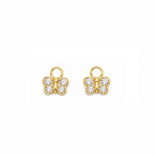 18K Solid Yellow Gold Diamond Butterfly Hoop Pendants