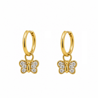 18K Solid Yellow Gold Diamond Butterfly Hoop Pendants