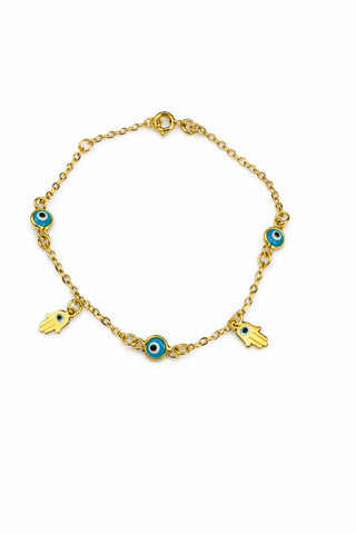 18K Solid Yellow Gold Hamza and Blue Evil Eye Bracelet