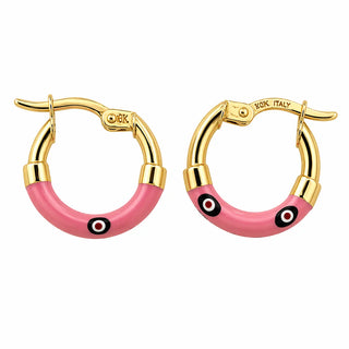 18K Solid Yellow Gold Enamel Evil Eye Hoop Earrings