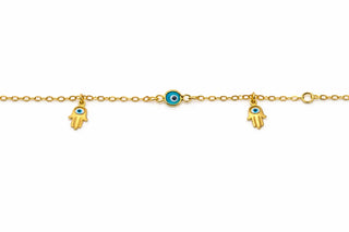 18K Solid Yellow Gold Hamza and Blue Evil Eye Bracelet