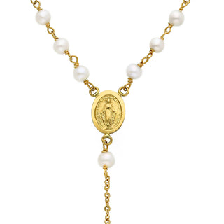 18k Solid Yellow Gold 3mm Cultivated Pearls Rosary Necklace