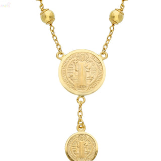18K Solid Yellow Gold Saint Benedict Rosary Necklace