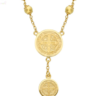 18K Solid Yellow Gold Saint Benedict Rosary Necklace