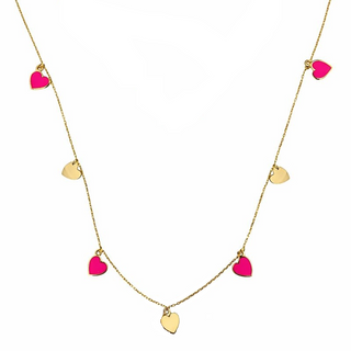 18K Solid Yellow Gold Pink Enamel and Polished Hearts Dangle Necklace