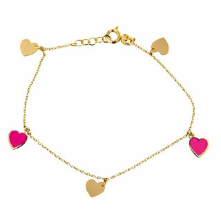 18K Gold Pink enamel and polished Hearts Dangle Bracelet