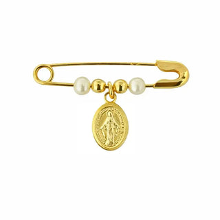 18k Solid Yellow Gold Miraculous Medal and Pearls Safety Pin