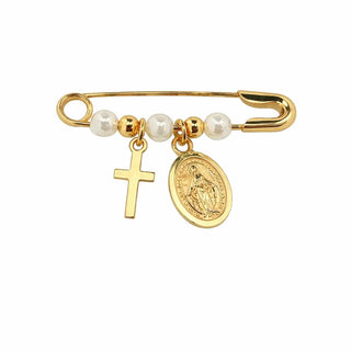 18k Solid Yellow Gold Miraculous Medal and Cross Safety Pin