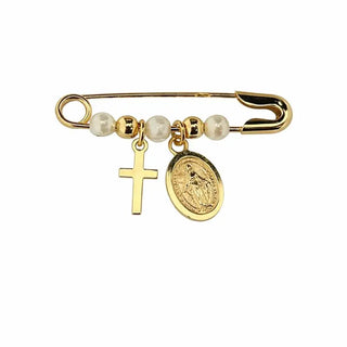 18k Solid Yellow Gold Miraculous Medal and Cross Safety Pin