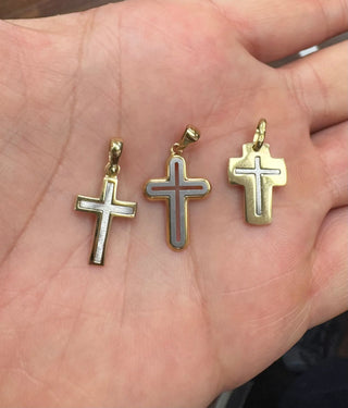 18K Solid Two Tone Modern Small Polished and Satin Cross Pendant