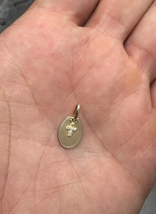 18K Solid Yellow Gold Oval Medal Pendant with Mini Zirconia Cross