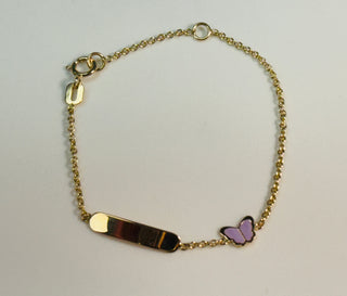 18k Solid Yellow Gold Lavander Enamel Butterfly ID Bracelet