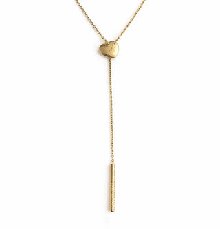 18K Solid Yellow Gold Polished Center Heart Bar Y Necklace