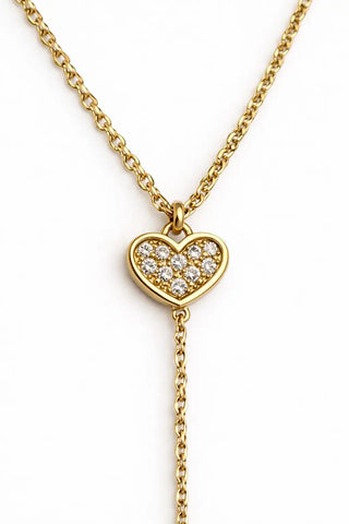 18K Solid Yellow Gold Zirconia Heart Y Necklace Lariat Style