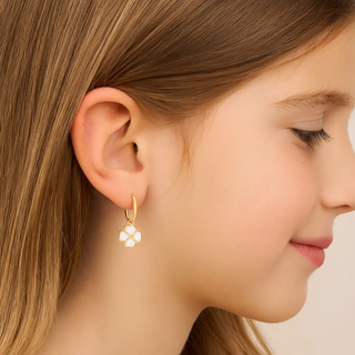 18K Solid Yellow Gold Mother of Pearl Clover Endless Hoop Earrings