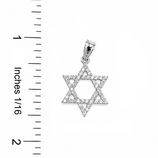 18K Solid Gold Diamond Star of David Pendant in White Gold with a ruler