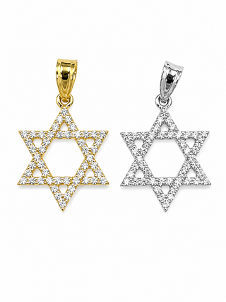 18K Solid Gold Diamond Star of David Pendant in Yellow or White Gold