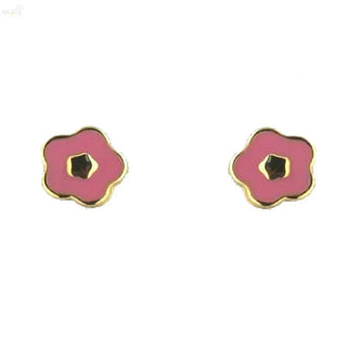18K Solid Yellow Gold Small Pink Flower Screwback Earrings