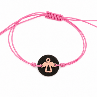 18K Solid Pink Gold Angel over ebony stone Pink Cord Bracelet