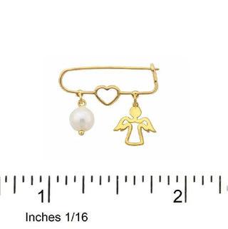 18K Yellow Gold Small Heart Pearl and Open Angel Safety Pin