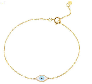18K Solid Yellow Gold White Ceramic Evil Eye Bracelet