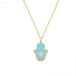 18K Solid Yellow Gold Blue Ceramic Diamond Hamsa Pendant