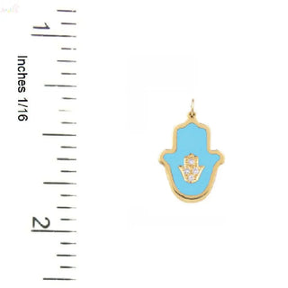18K Solid Yellow Gold Blue Ceramic Diamond Hamsa Pendant