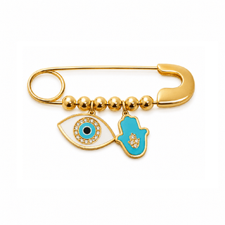 18K Gold Evil Eye and Hamsa Large Safety Pin – Pave Diamonds