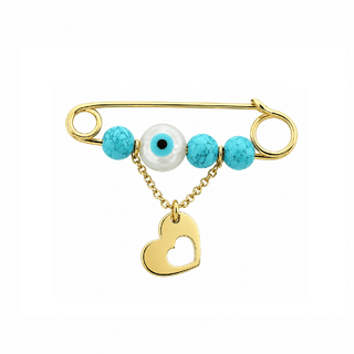 18K Solid Gold Turquoise Evil Eye and Heart Safety Pin