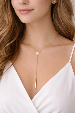 18K Solid Yellow Gold Polished Center Heart Bar Y Necklace