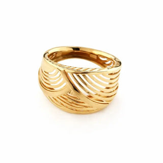 18K Solid Yellow Gold Open Curb Polished and Satin Lines Ring