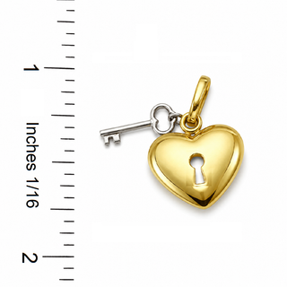 18K Solid Yellow Gold Puffy Heart Lock Pendant with Key
