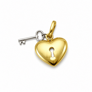 18K Solid Yellow Gold Puffy Heart Lock Pendant with Key