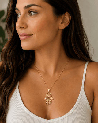 18K Solid Yellow Gold Large Open Hamsa Fatima Hand Pendant