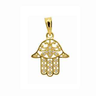 18K Solid Yellow Gold Zirconia Filigree Open Hamsa Pendant