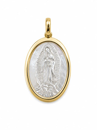 18K Solid Yellow Gold Mother of Pearl Guadalupe Medal Pendant