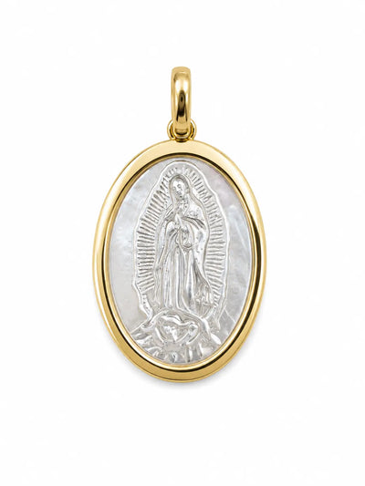 18K Solid Yellow Gold Mother of Pearl Guadalupe Medal Pendant