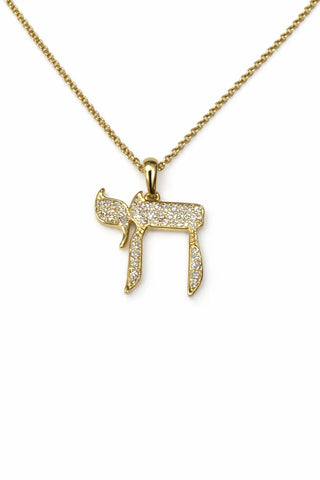 18K Solid Yellow Gold Diamond Chai Pendant Necklace