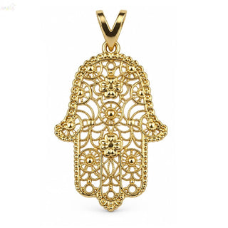 18K Solid Yellow Gold Large Filigree Hamsa Hand Pendant