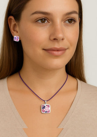 Sterling Silver Enamel Flowers Lavender Cord Necklace