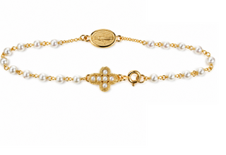 18K Gold Pearl Denarius Bracelet with Pearl Cross and Medal  picture from top