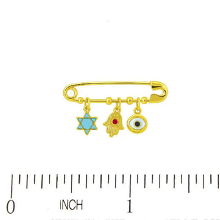 18K Yellow Gold Enamel Hamsa, Evil Eye and Star David Safety Pin