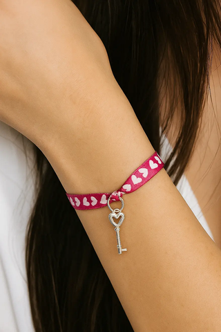 Sterling Silver Polished Dangle Key Pendant Pink Ribbon Bracelet